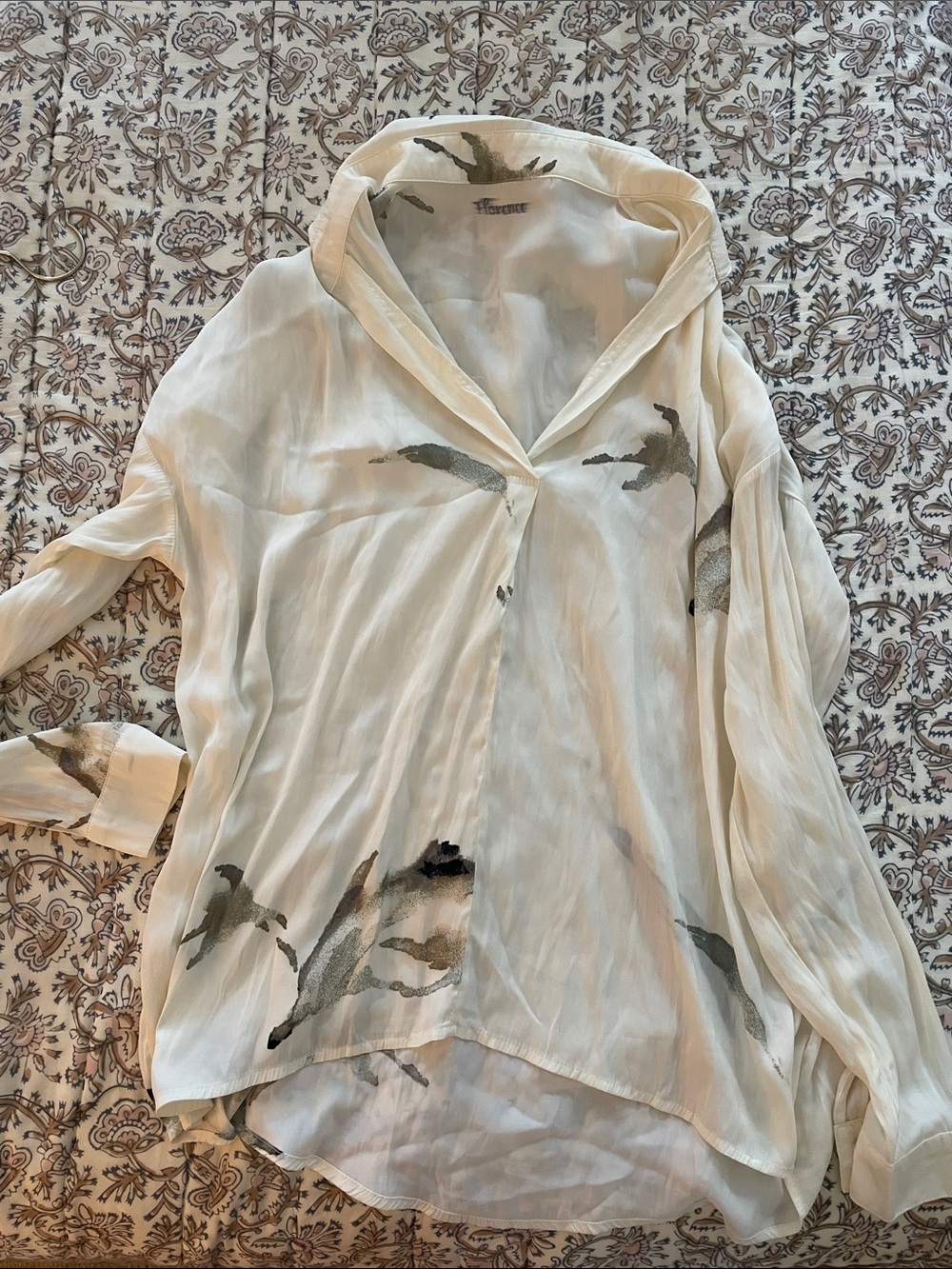 Florence Cream Sheer Button-Front Women's Blouse with Subtle Olive Print